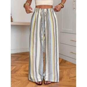 Muchica Striped Print Drawstring Waist Casual Wide Leg Woven Women Pants,Summer